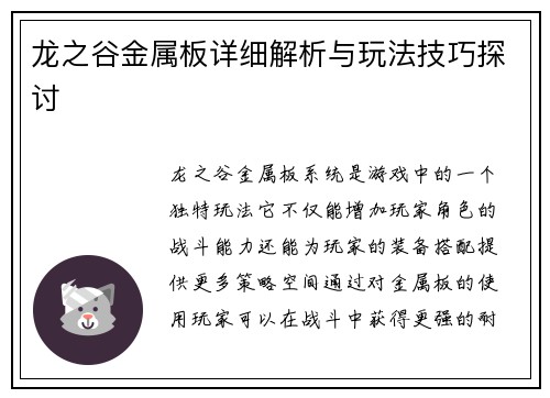 龙之谷金属板详细解析与玩法技巧探讨